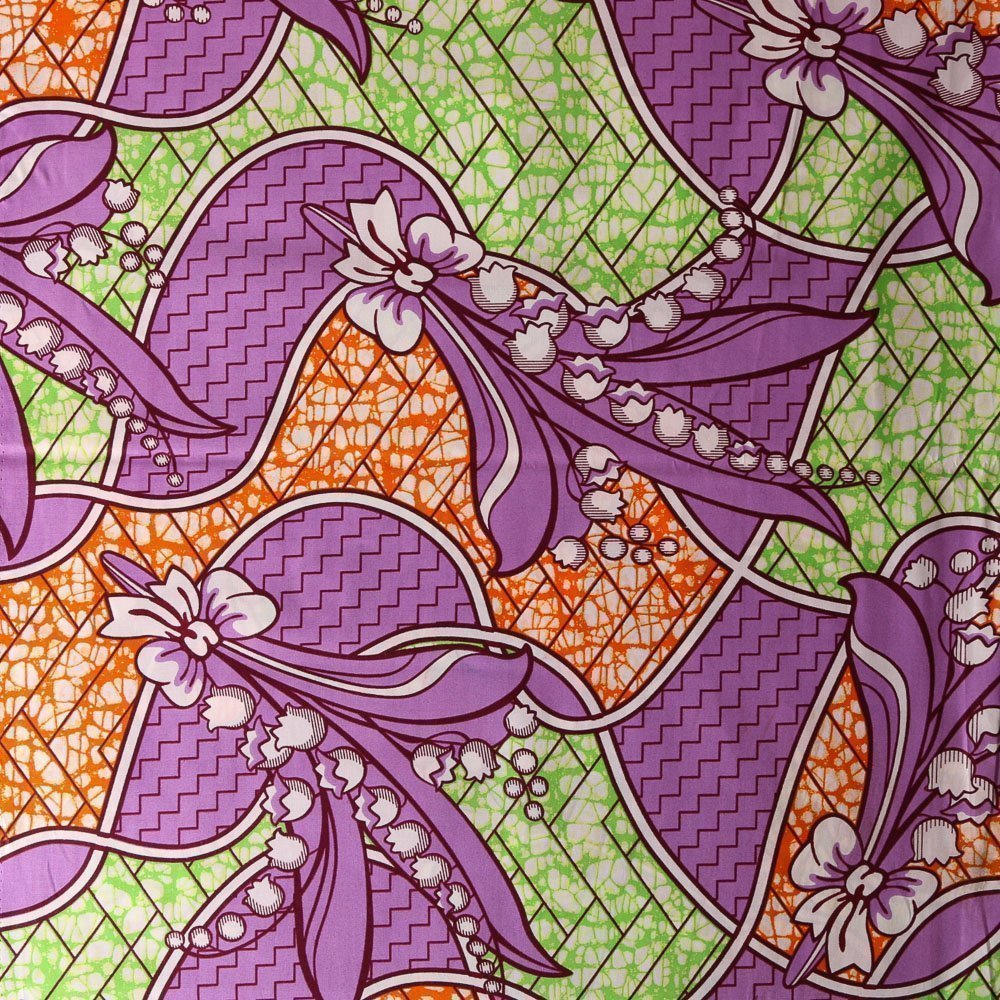 Tissu Wax Africain N°325 Brins de Muguet Violets et blancs sur fond Vert