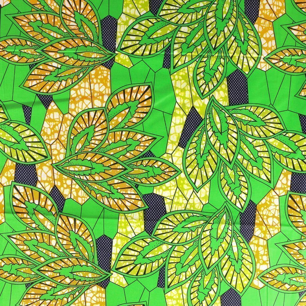 Tissu Wax Africain N°326 Feuilles Oranges et vertes sur fond Vert