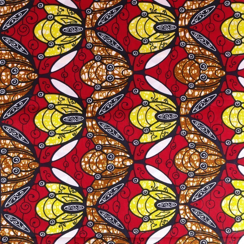 Tissu Wax Africain N°328 Fleurs Jaunes, marrons et blanches sur fond Rouge