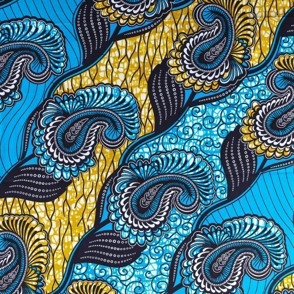 Tissu Wax Africain N°329 Fleurs Moutarde et bleues sur fond Bleu