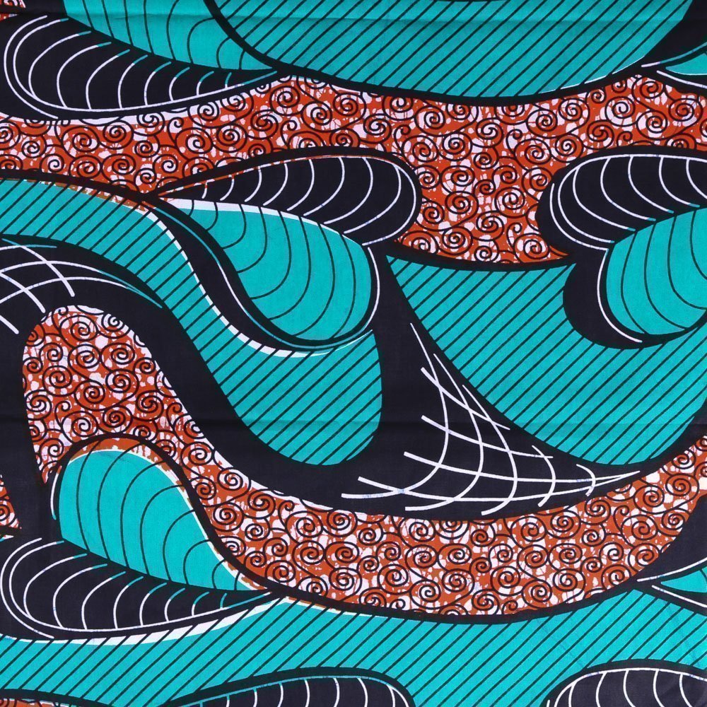 Tissu Wax Africain N°330 Coeurs rouges et bleu marine sur fond Emeraude