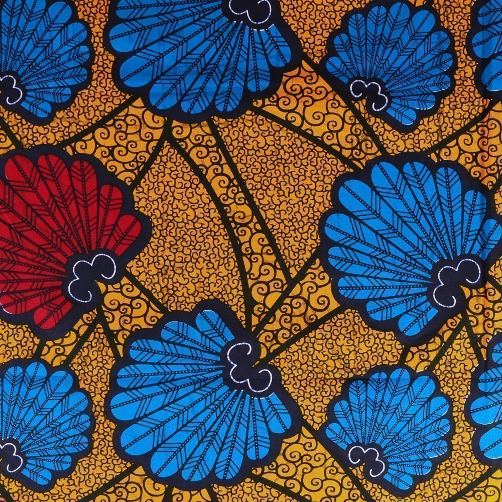 Tissu Wax Africain N°332 Plumes rouges et bleues sur fond Jaune