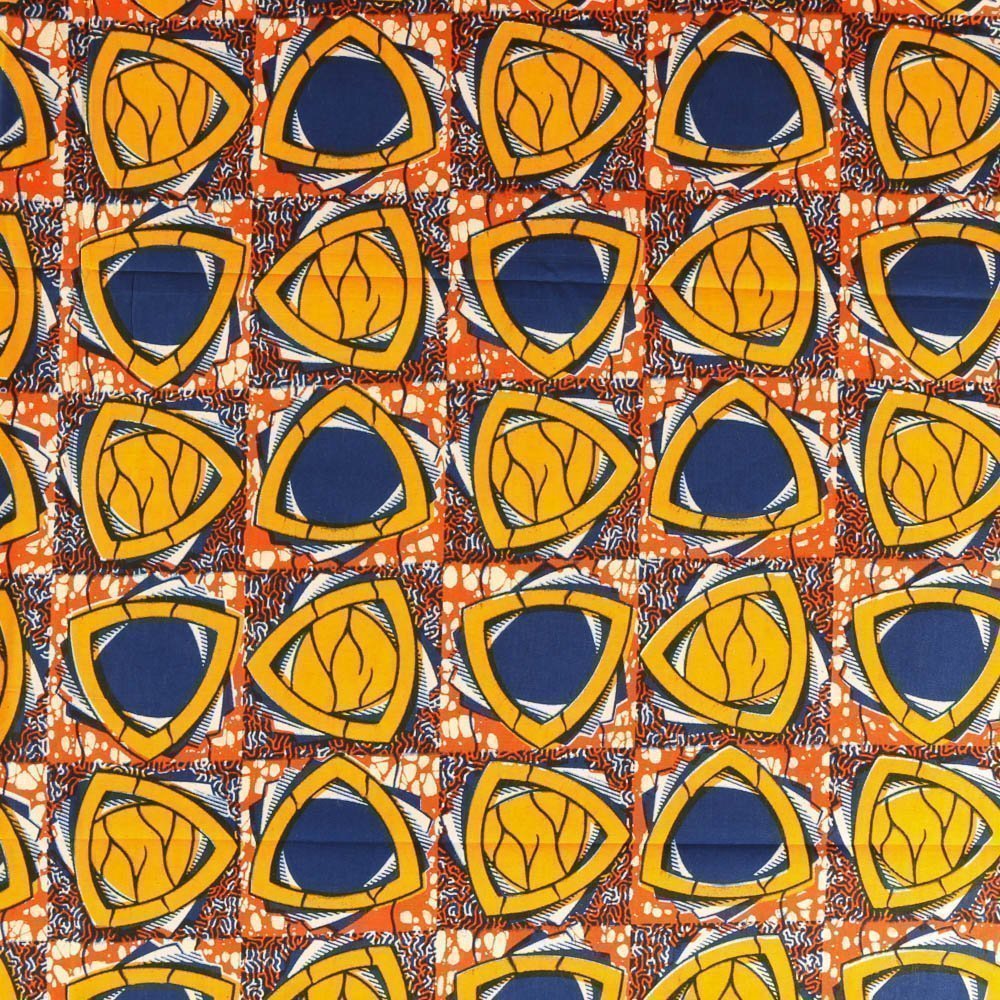 Tissu Wax Africain N°335 Triangles Jaunes et oranges sur fond Bleu marine