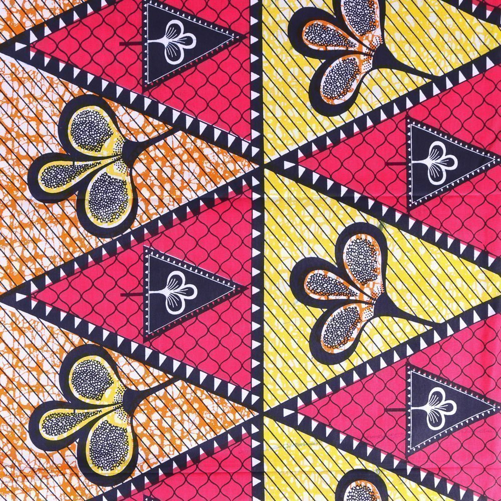Tissu Wax Africain N°336 Fleurs Bleu marine sur fond Rose, jaune et orange