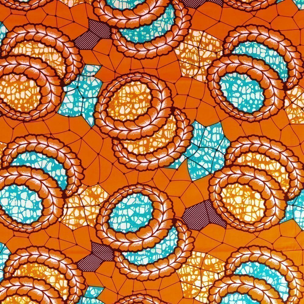 Tissu Wax Africain N°338 Couronnes Moutarde et Emeraude sur fond Orange vif