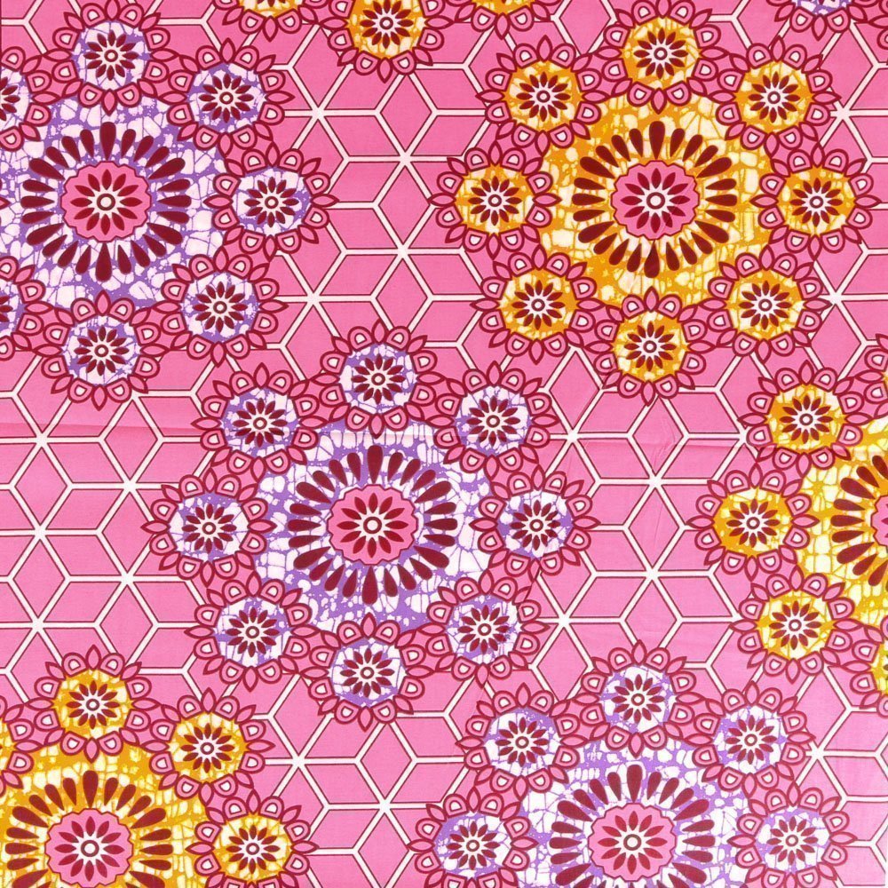 Tissu Wax Africain N°339 Rosaces Violettes et oranges sur fond Rose