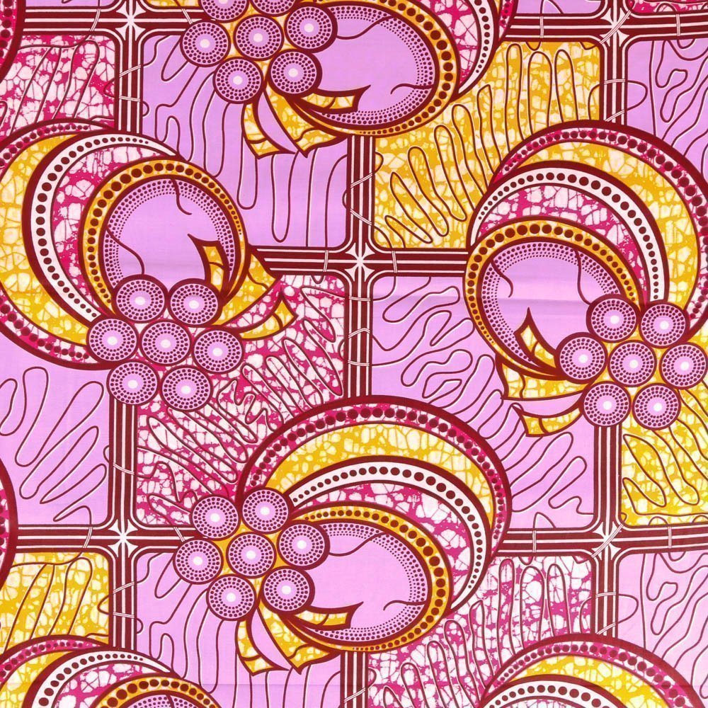 Tissu Wax Africain N°340 Carrés et cercles Roses et Jaunes sur fond Violine