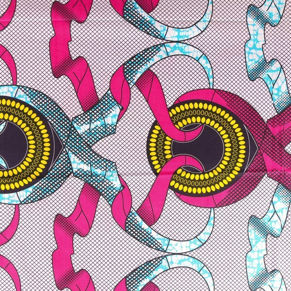 Tissu Wax Africain N°341 Rubans et cercles Jaunes, roses et bleus sur fond Blanc et bleu marine