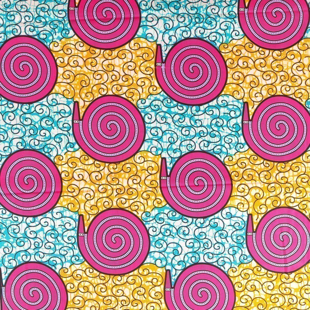 Tissu Wax Africain N°342 Spirales Roses sur fond Jaune et Bleu