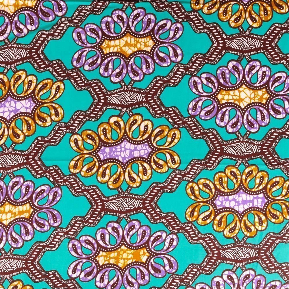 Tissu Wax Africain N°343 Motifs Africains Moutarde et violet sur fond Emeraude
