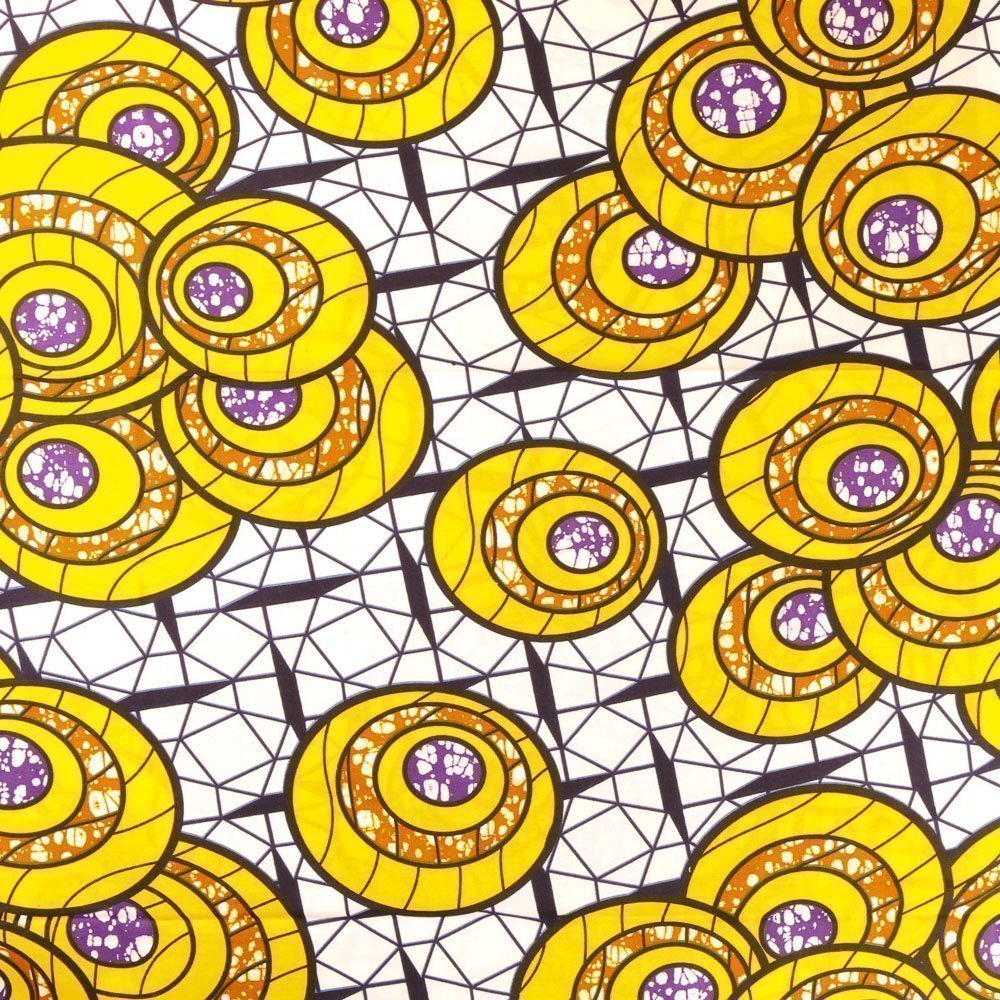 Tissu Wax Africain N°344 Cercles Jaunes, moutarde et violets sur fond Ecru