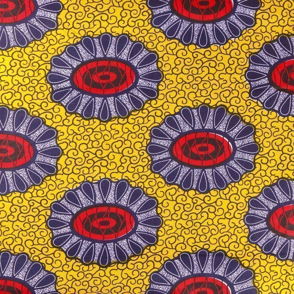 Tissu Wax Africain N°346 Fleurs Rouges et bleu marine sur fond Jaune