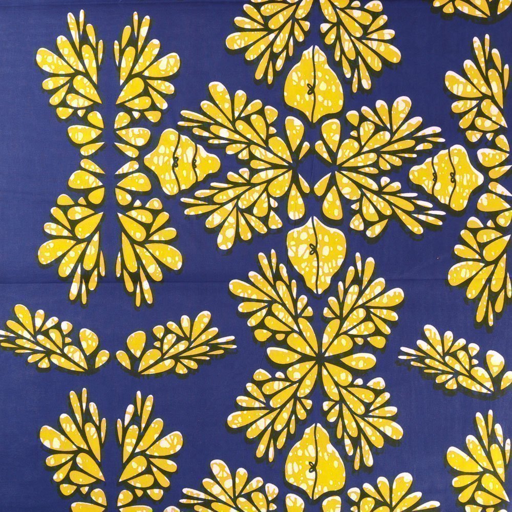 Tissu Wax Africain N°347 Fleurs Jaunes sur fond Bleu marine