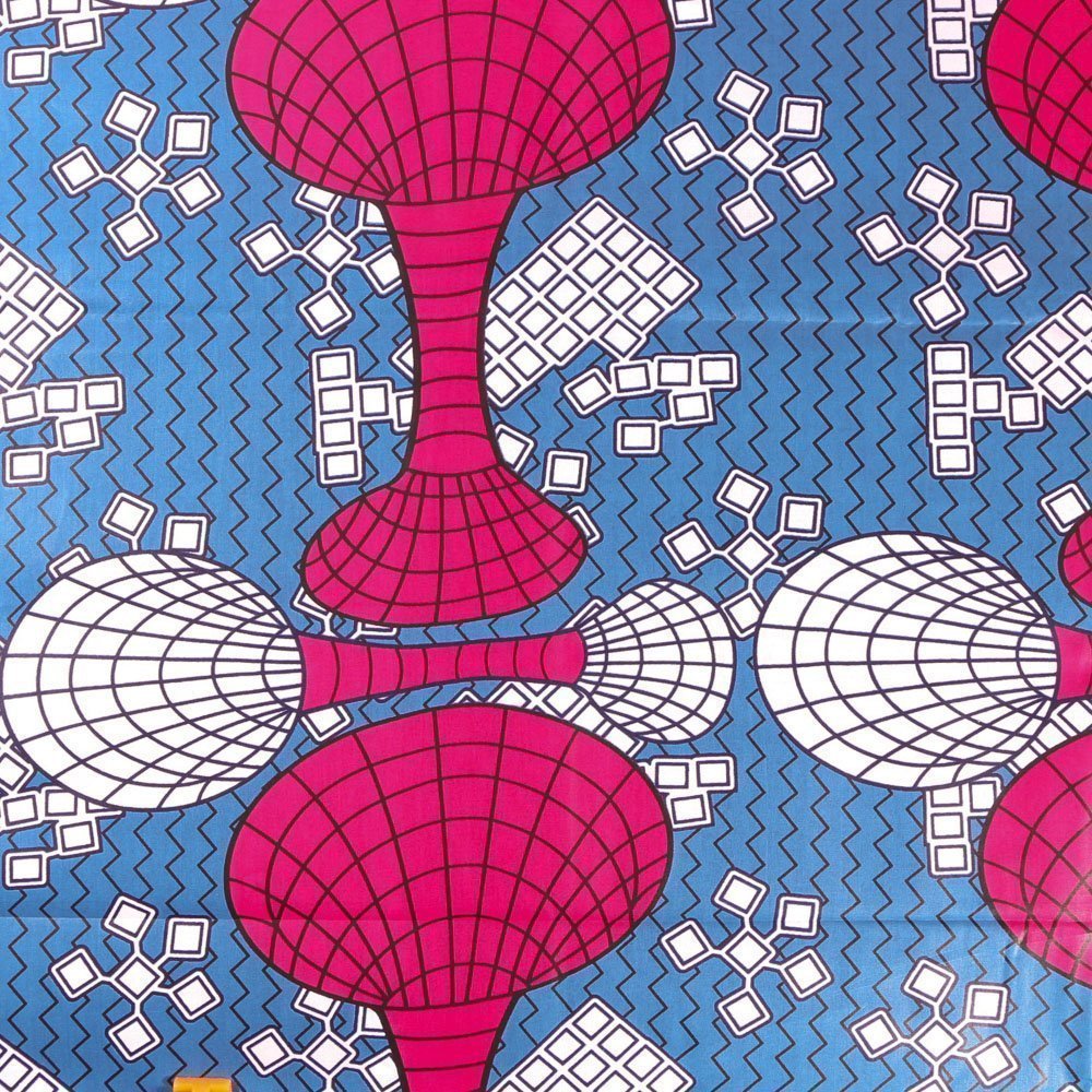 Tissu Wax Africain N°348 Enduit Maracas Roses et blanches sur fond Bleu