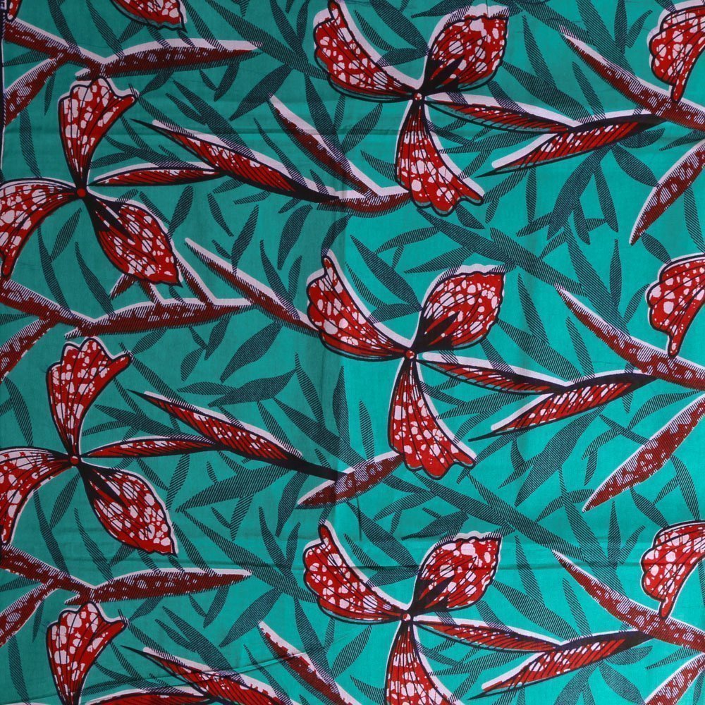 Tissu Wax Africain N°351 Fleurs Rouges sur fond Emeraude