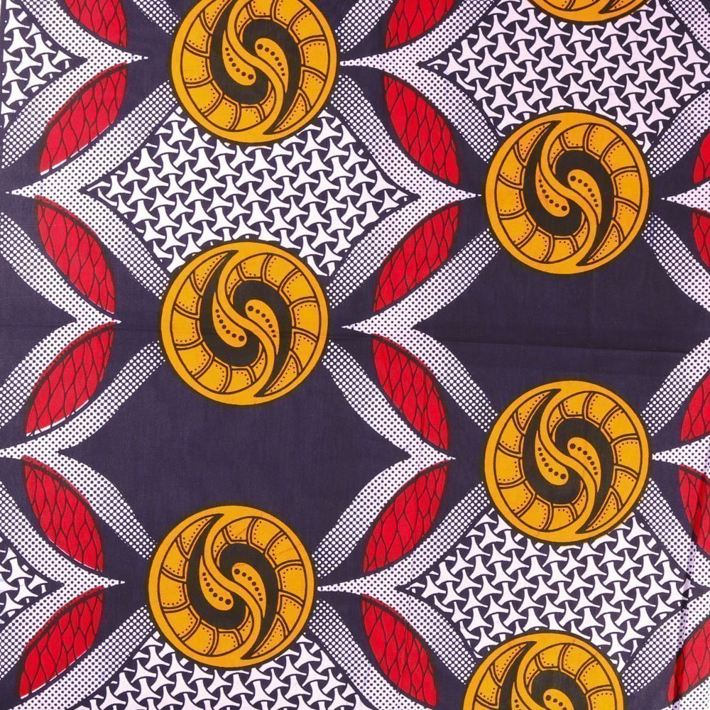 Tissu Wax Africain N°352 Coquillages Jaunes et rouges sur fond Bleu marine