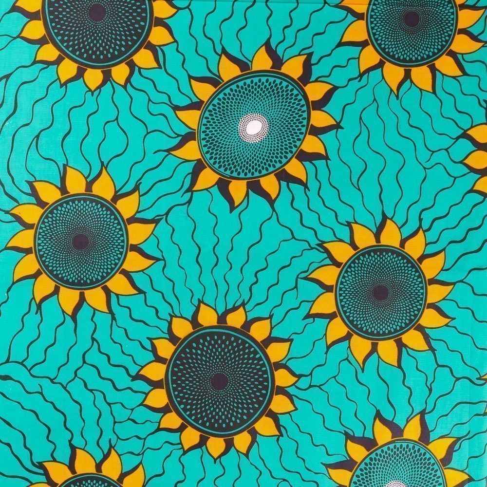 Tissu Wax Africain N°353 Soleils Emeraude et jaunes sur fond Emeraude