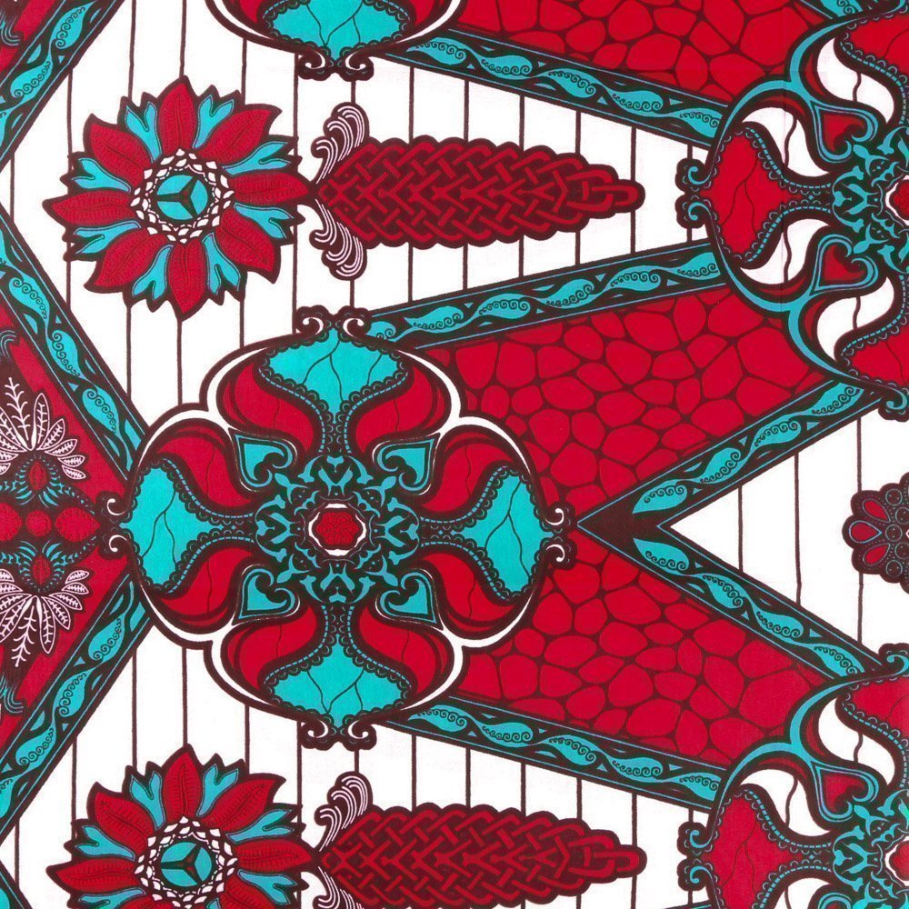 Tissu Wax Africain N°354 Motifs Africains Emeraude et rouges sur fond Blanc