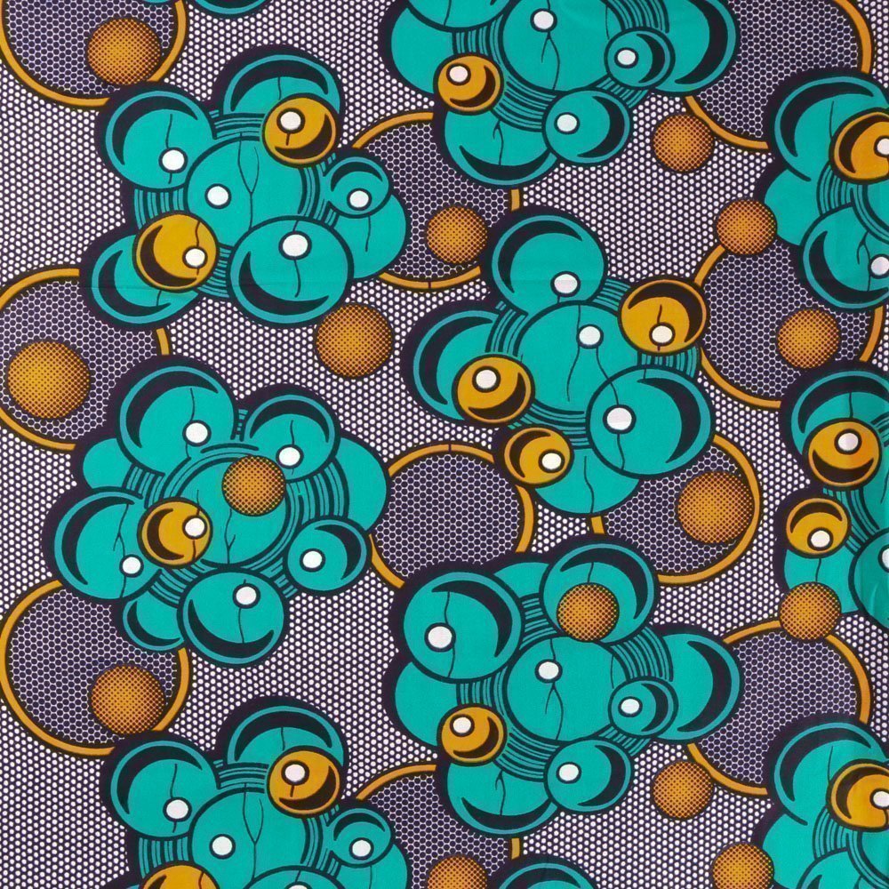 Tissu Wax Africain N°356 Bulles Emeraude et Oranges sur fond Bleu marine et blanc