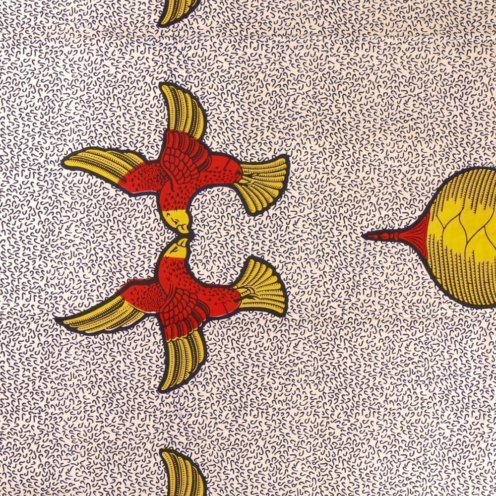 Tissu Wax Africain N°357 Aigles Rouges et jaunes sur fond Ecru et bleu marine