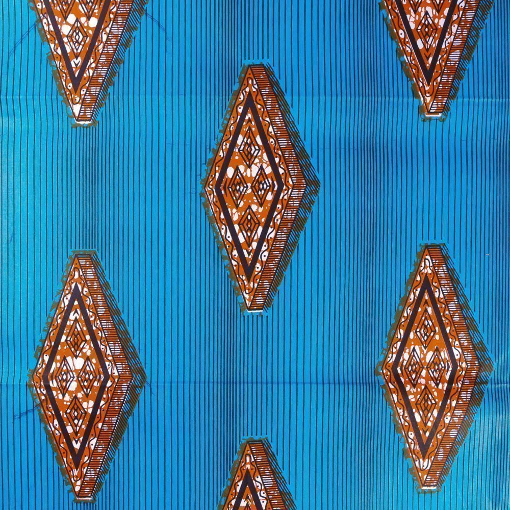 Tissu Wax Africain N°358 Enduit Losanges Oranges et blancs sur fond Bleu