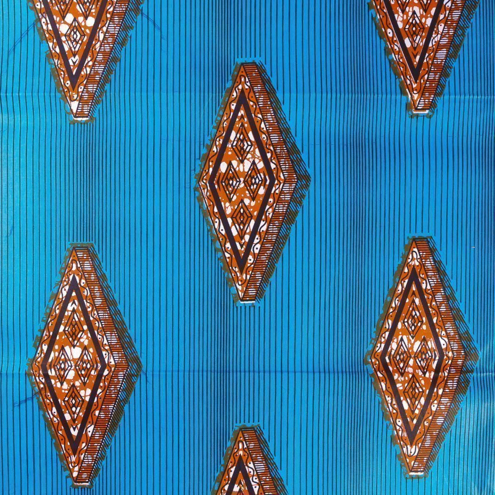 Tissu Wax Africain N°358 Enduit Losanges Oranges et blancs sur fond Bleu