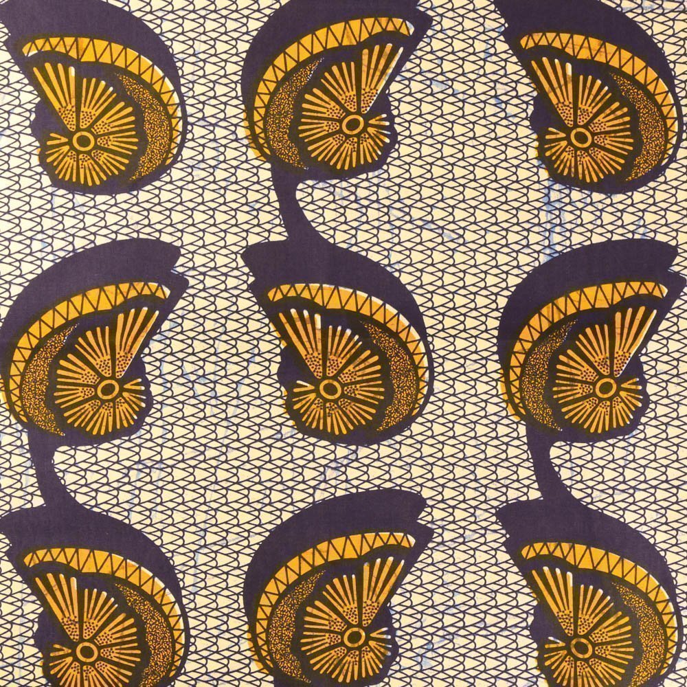 Tissu Wax Africain N°360 Coquillages Jaunes et bleu marine sur fond Ecru