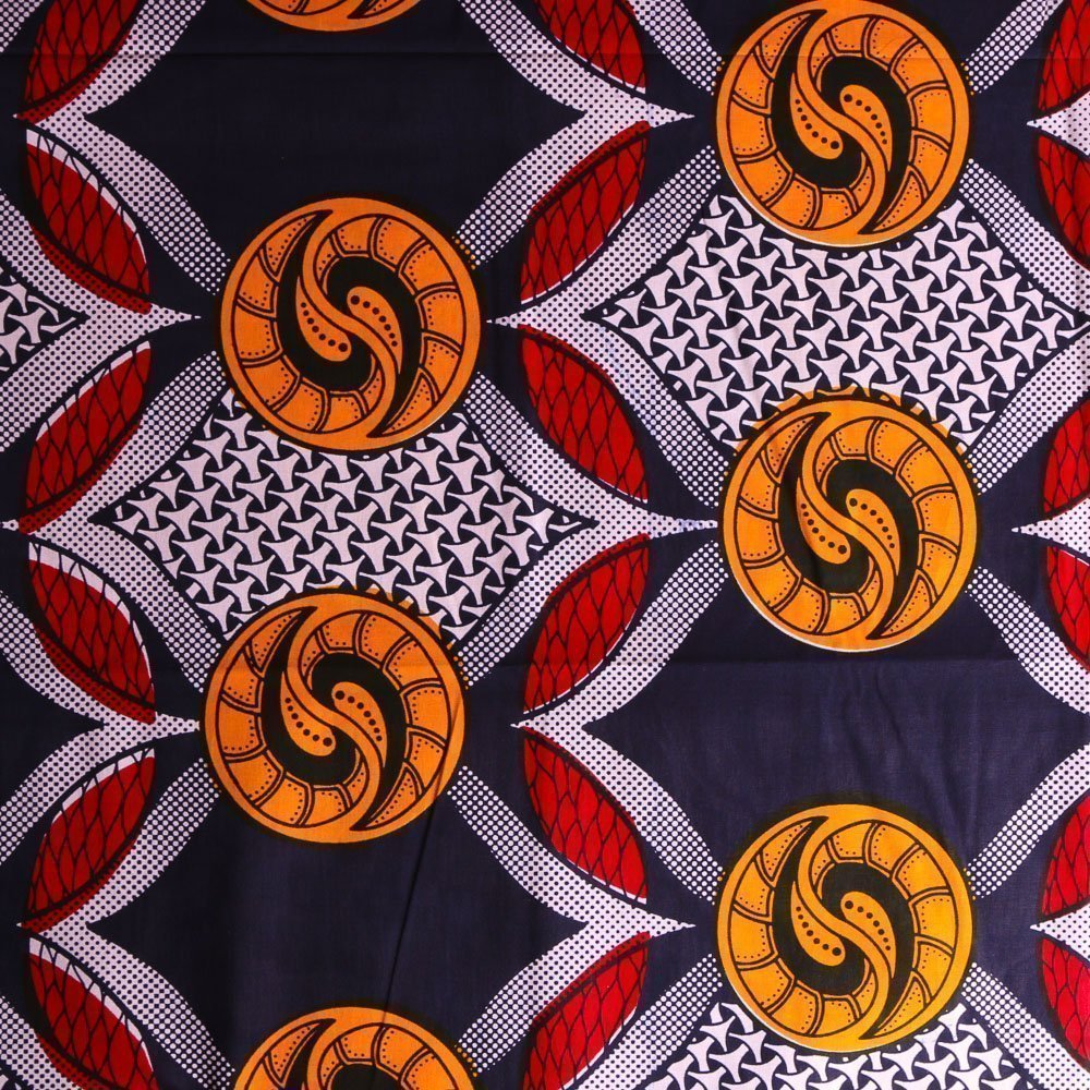 Tissu Wax Africain N°361 Coquillages Jaunes, rouges et bleus sur fond Bleu marine et blanc