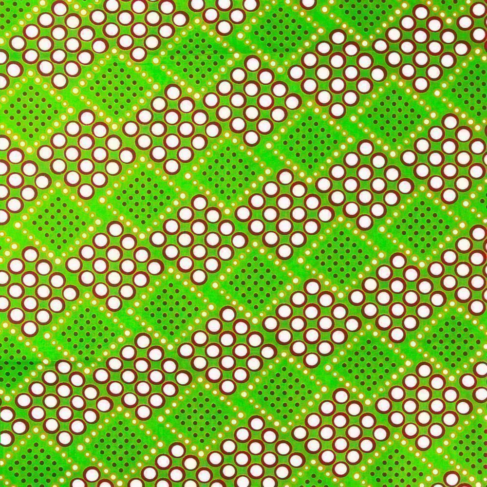 Tissu Wax Africain N°362 Cercles et Losanges rouges, blancs et moutarde sur fond Vert