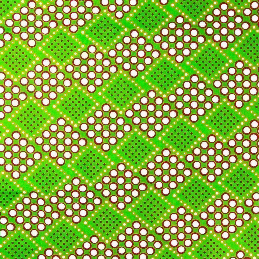 Tissu Wax Africain N°362 Cercles et Losanges rouges, blancs et moutarde sur fond Vert