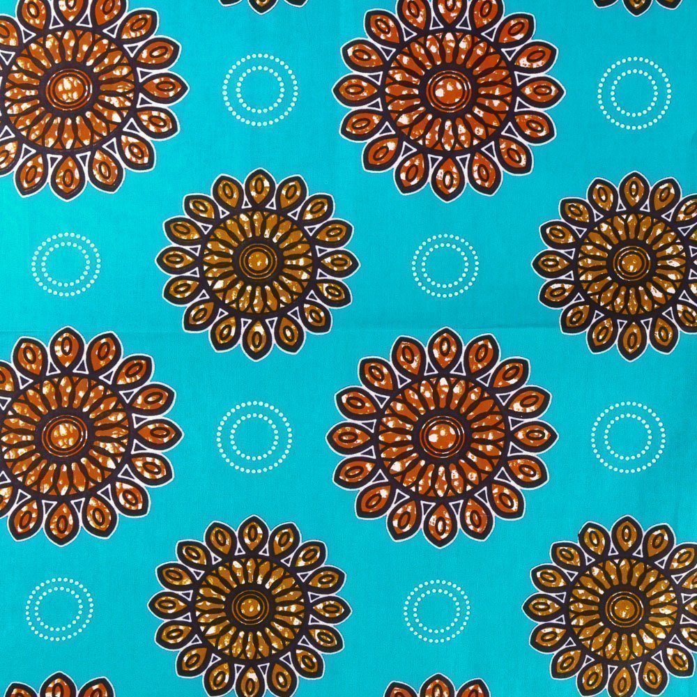 Tissu Wax Africain N°364 Rosaces Oranges et moutarde sur fond Bleu