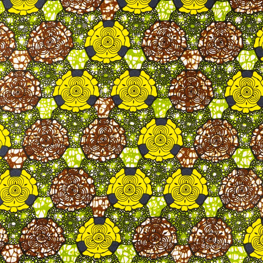 Tissu Wax Africain N°365 Fleurs Marrons et jaunes sur fond Vert