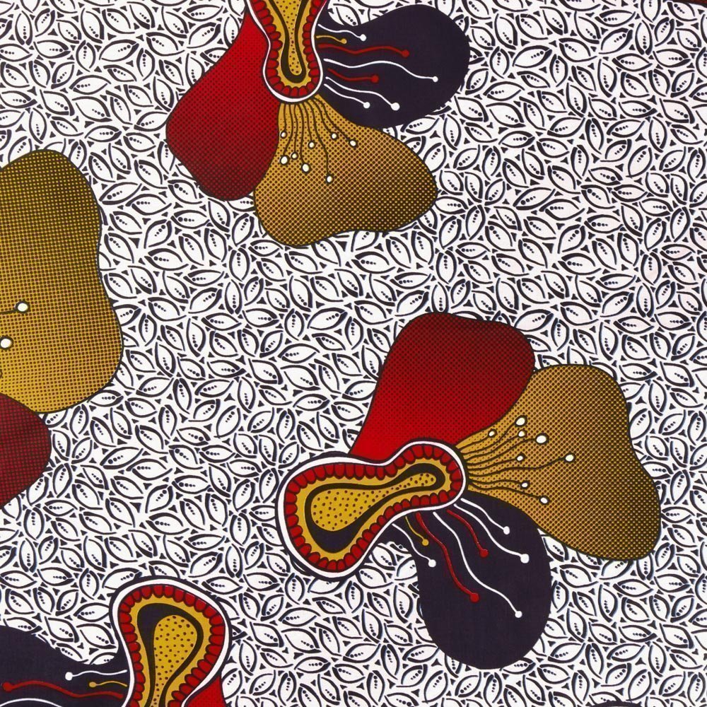 Tissu Wax Africain N°366 Orchidées Rouges, jaunes et bleu marine sur fond Blanc