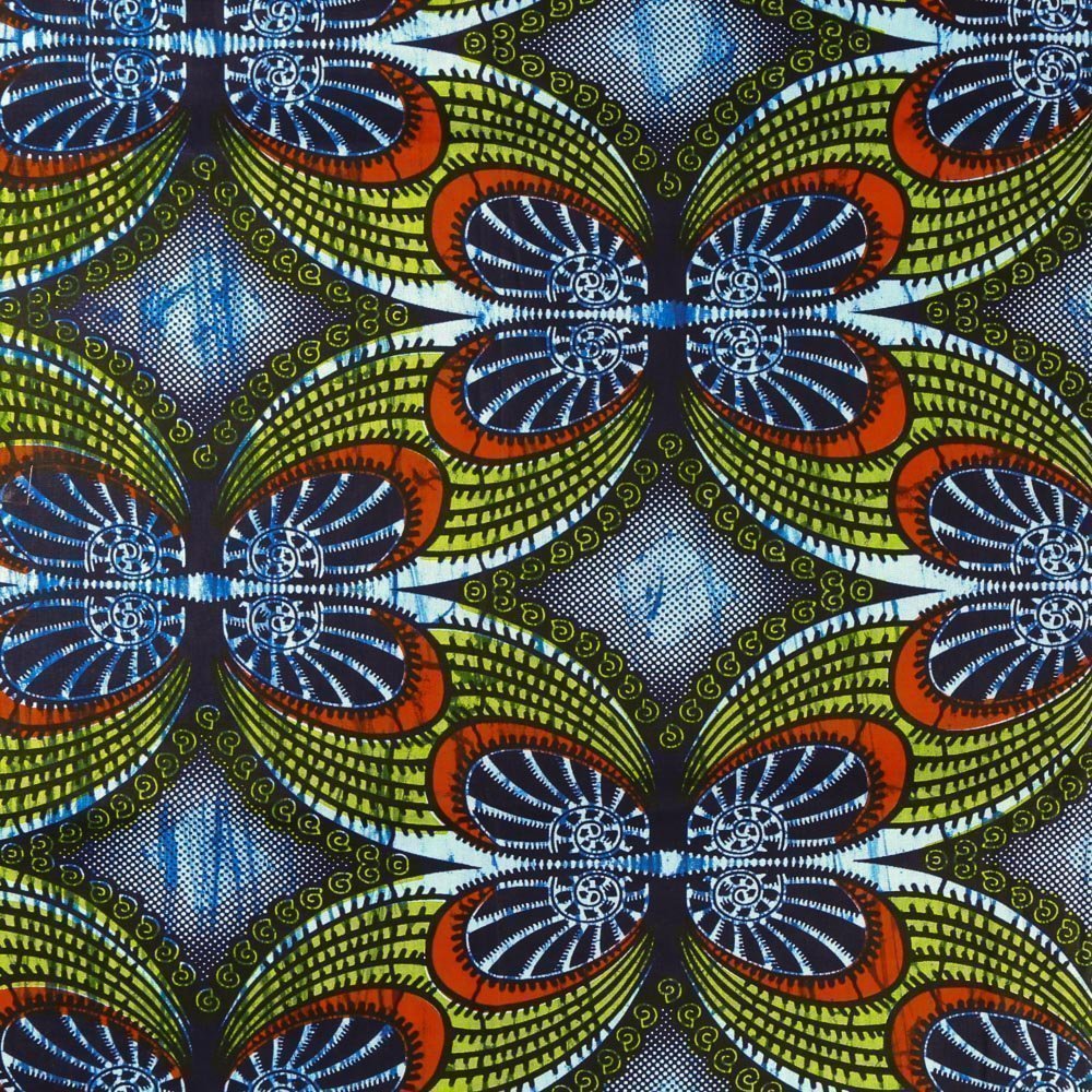 Tissu Wax Africain N°367 Papillons Verts, oranges et bleus sur fond Bleu marine