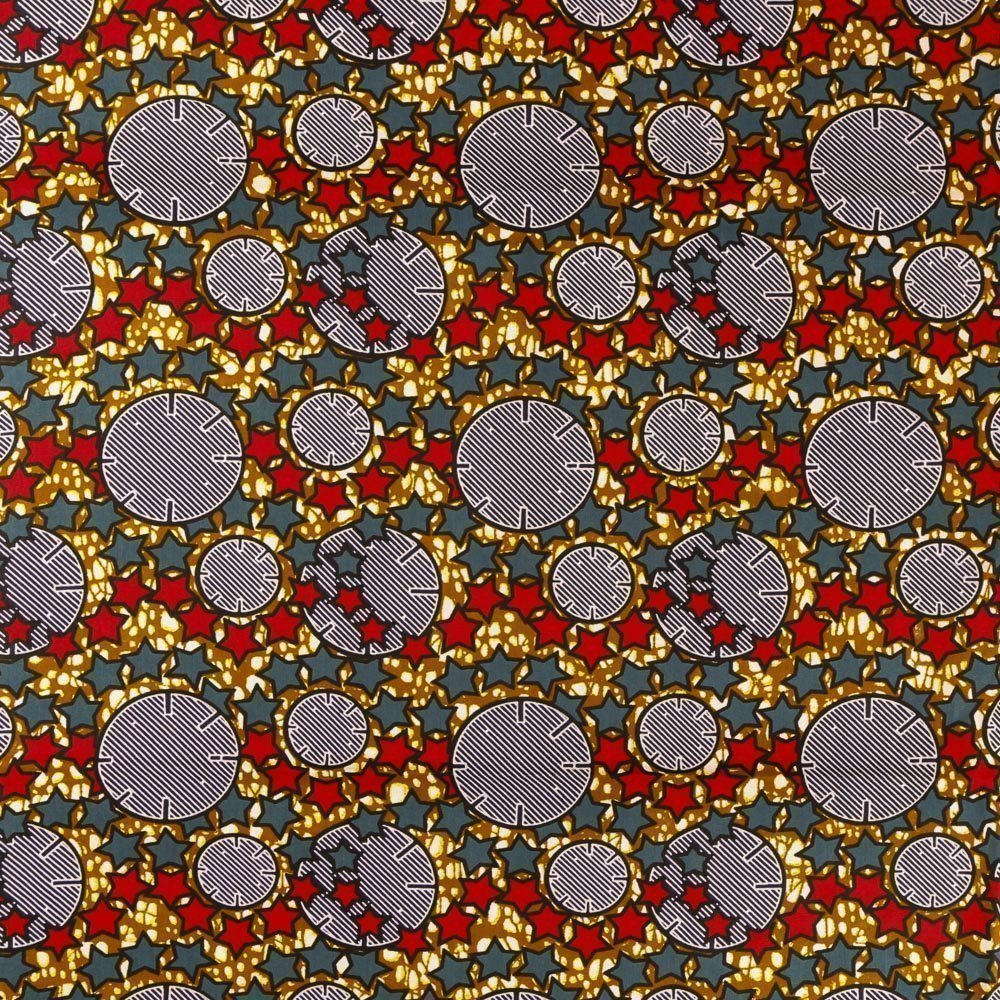 Tissu Wax Africain N°369 Etoiles et cercles Bleus et rouges sur fond Moutarde