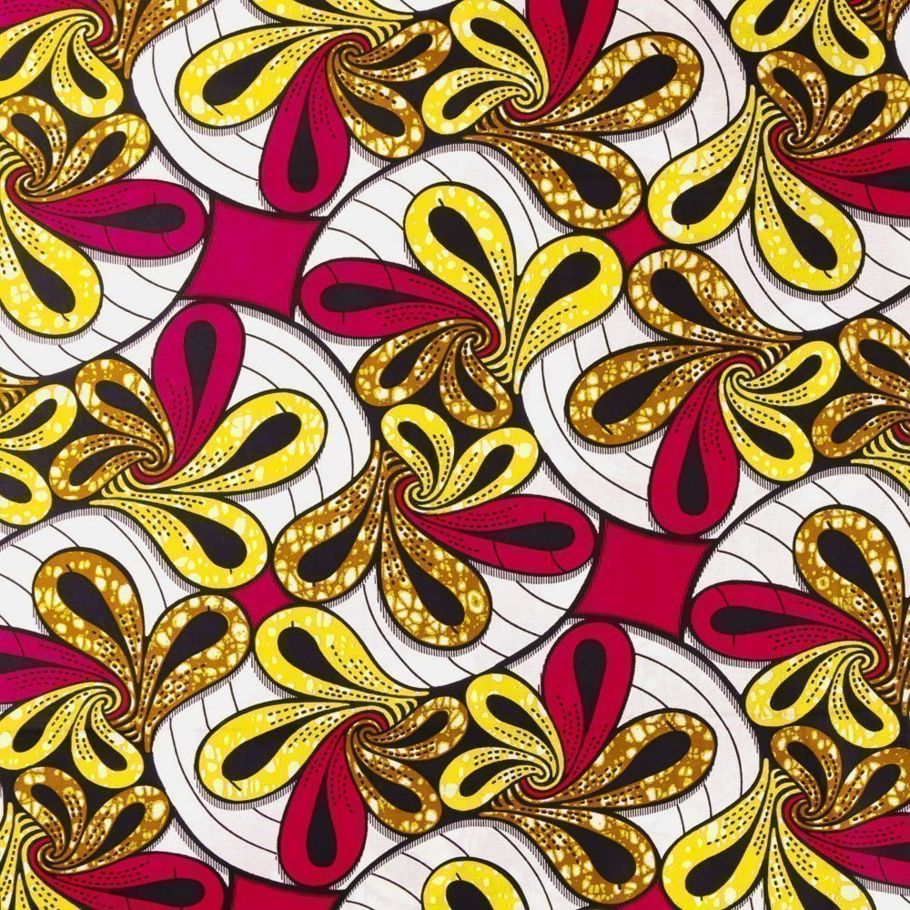 Tissu Wax Africain N°370 Fleurs Jaunes, roses et moutarde sur fond Blanc