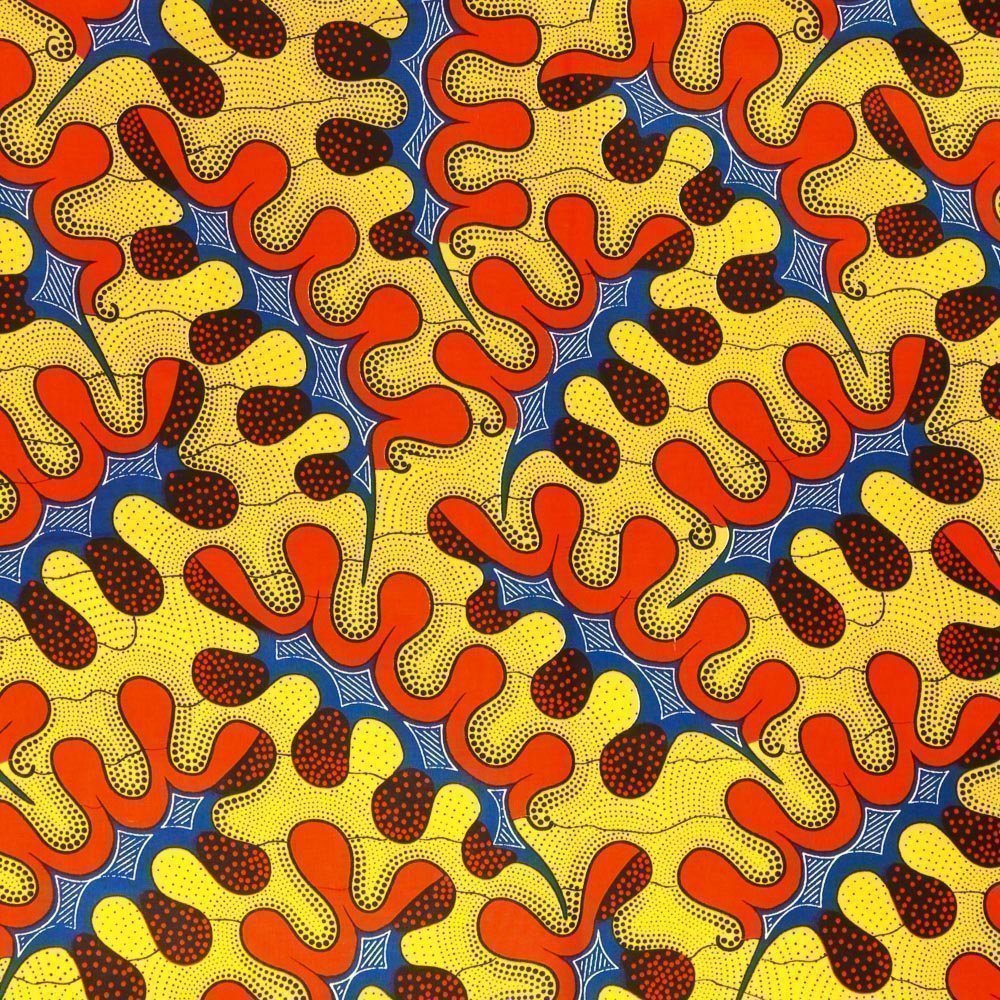 Tissu Wax Africain N°371 Feuilles Rouges, bleues et noires sur fond Jaune