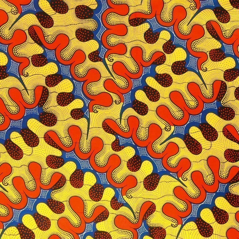 Tissu Wax Africain N°371 Feuilles Rouges, bleues et noires sur fond Jaune