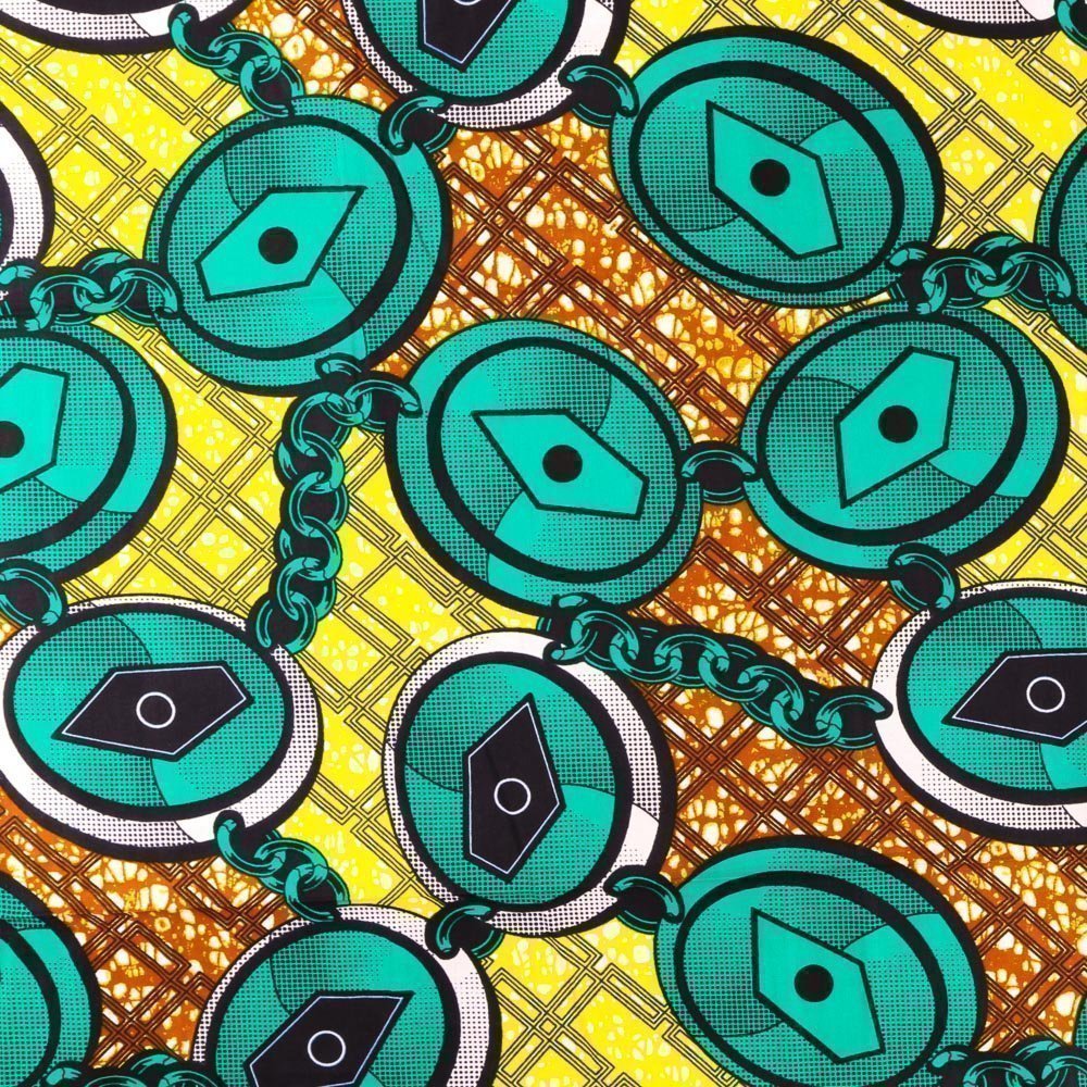 Tissu Wax Africain N°372 Chaines et Médailles Emeraude sur fond Jaune et Moutarde
