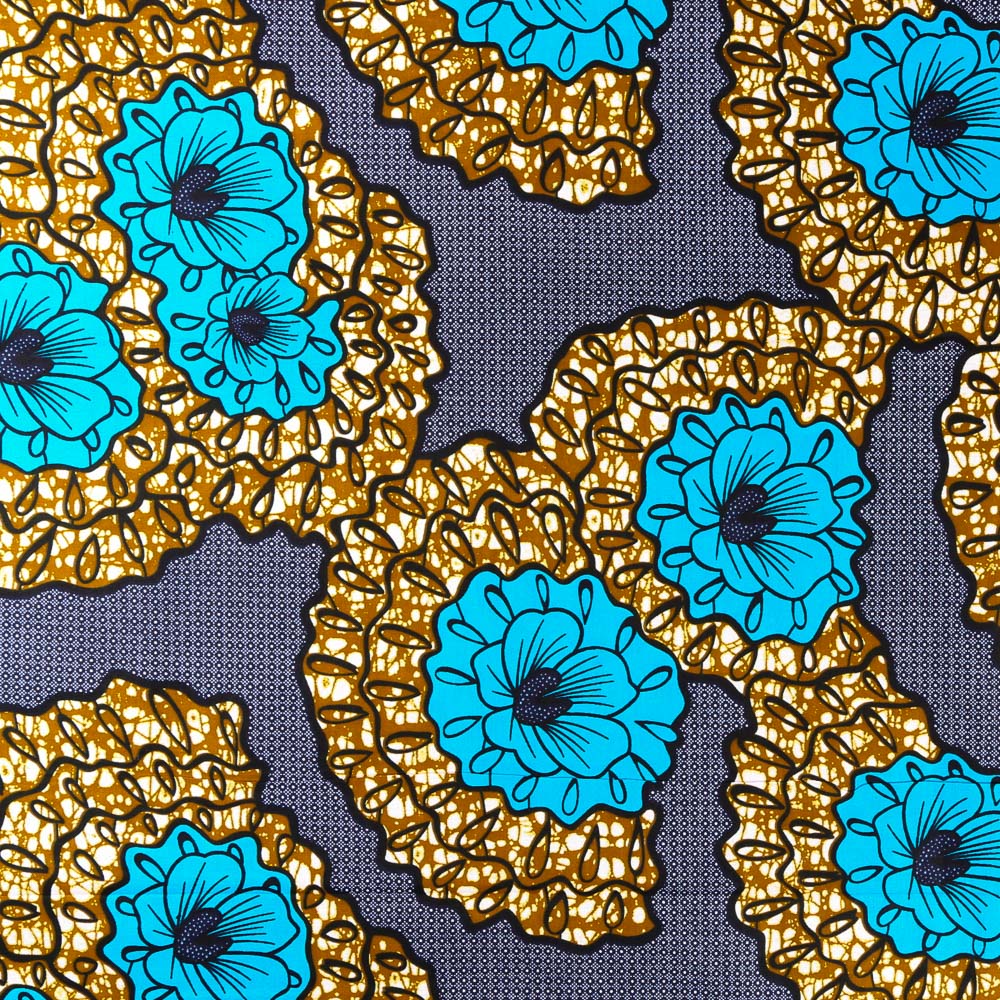 Tissu Wax Africain N°373 Fleurs Bleues et Moutarde sur fond Bleu marine