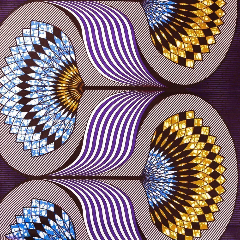 Tissu Wax Africain N°374 Fleurs Moutarde et violettes sur fond Blanc et Prune