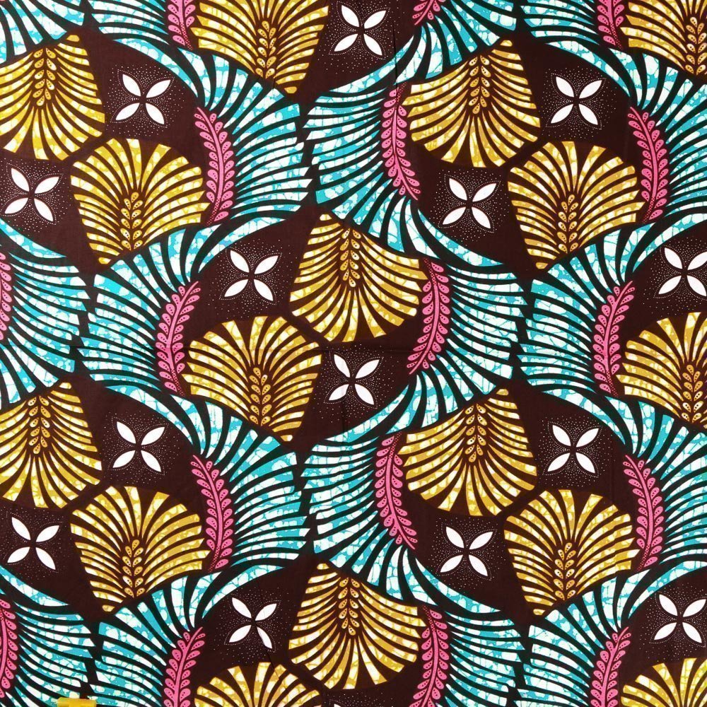 Tissu Wax Africain N°375 Feuilles Oranges, roses et vertes sur fond Marron chocolat