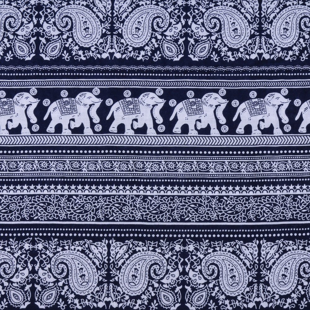 Tissu Viscose Bleu foncé Motifs Ethnique Elephants Blancs