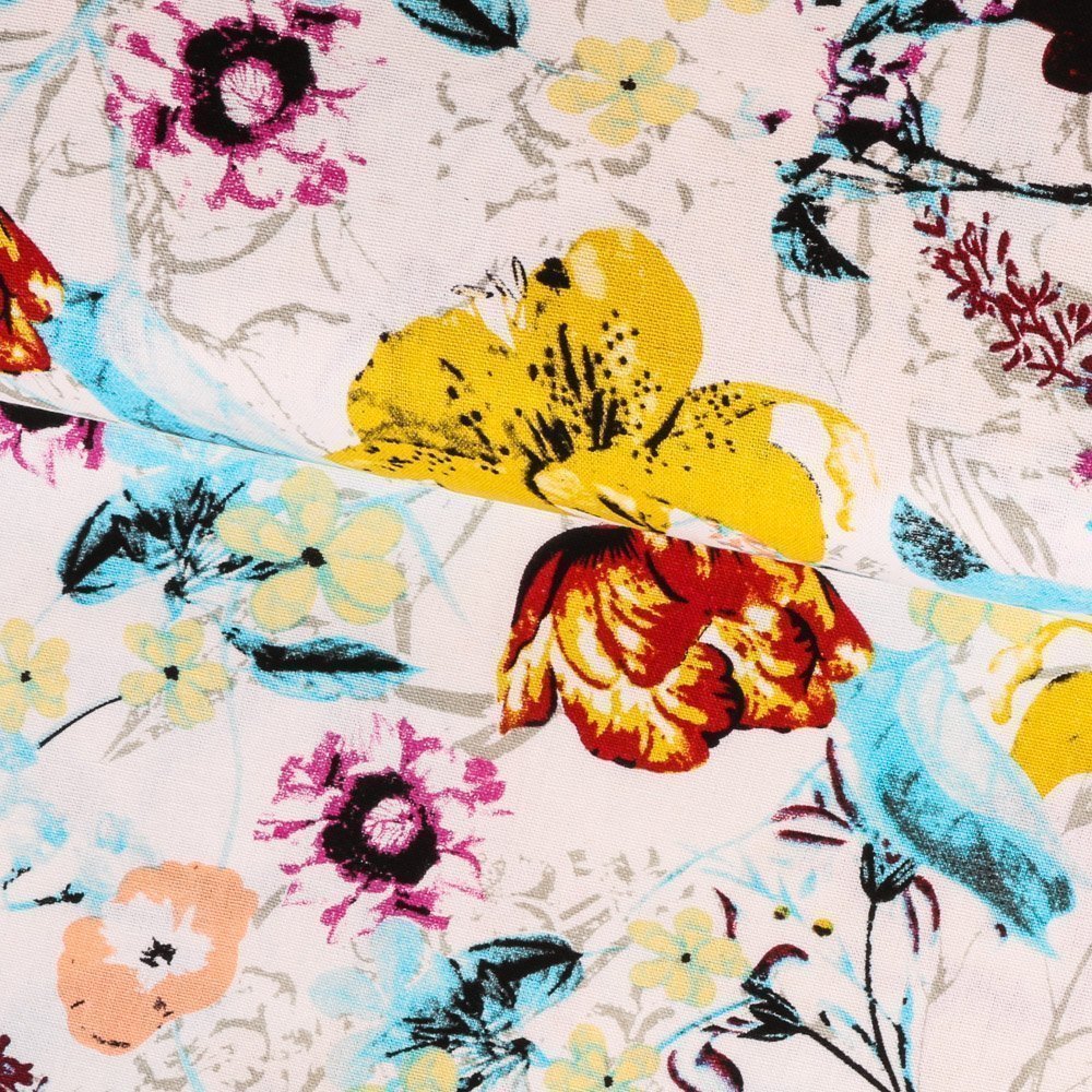 Tissu Viscose aspect lin Blanc Fleurs Multicolore