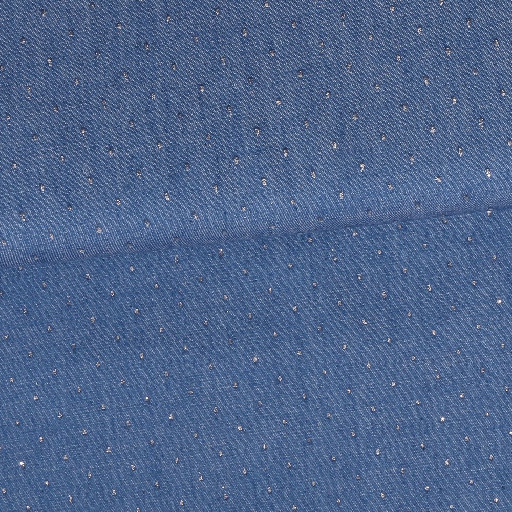 Tissu Chambray Tencel Bleu jean clair Pois Blancs