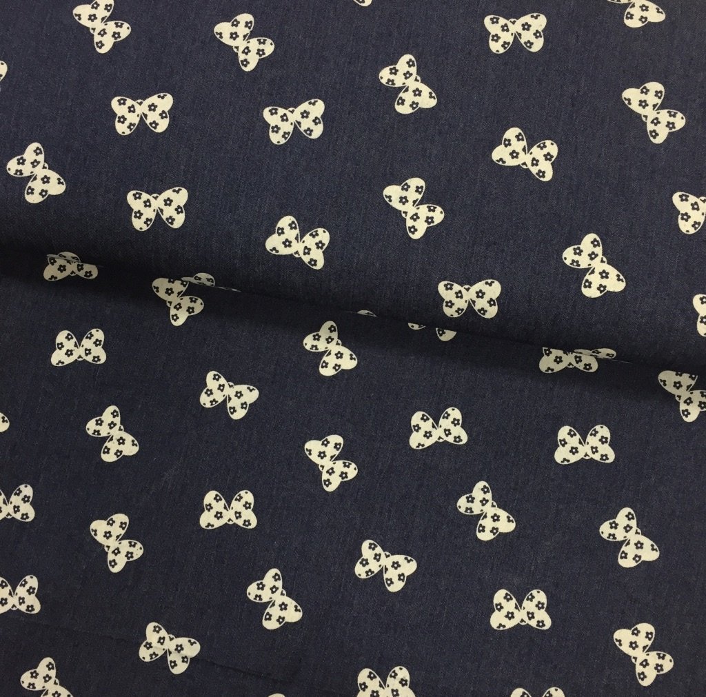 Tissu Denim Bleu foncé Papillons Blancs