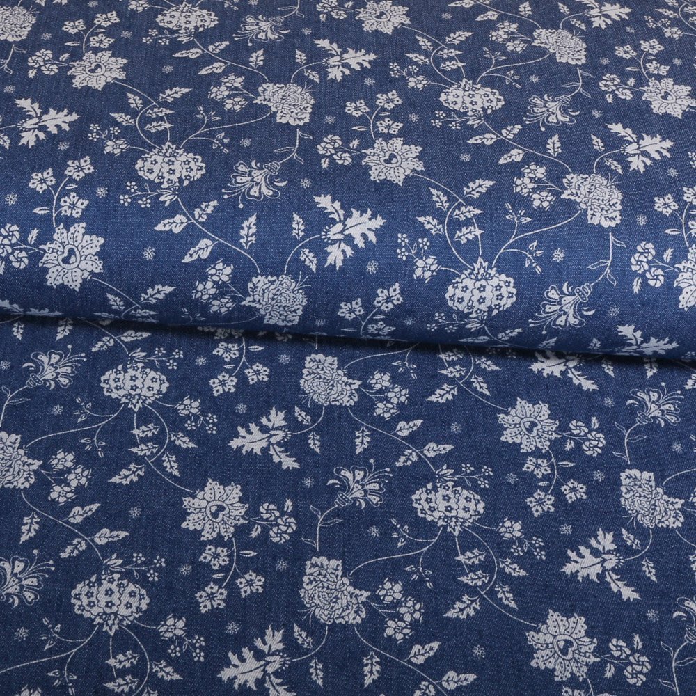 Tissu Chambray Bleu Jean Fleuris Blanc