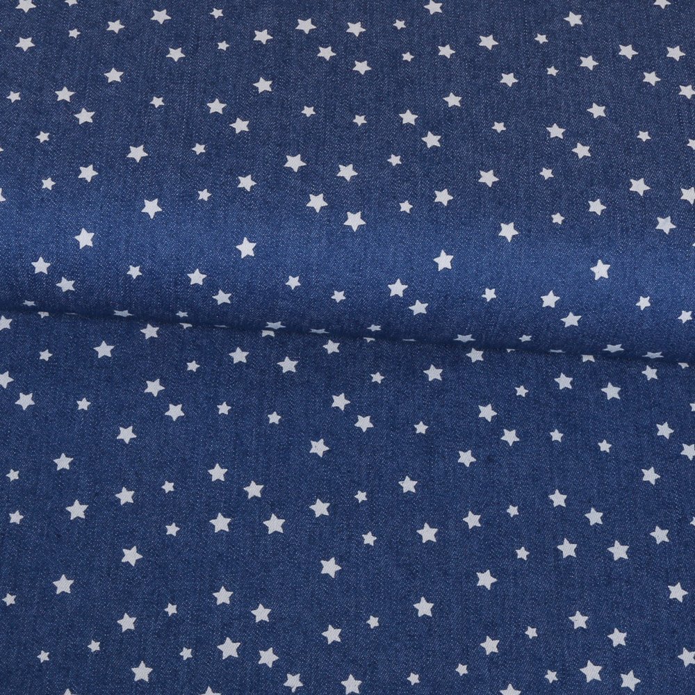 Tissu Chambray Bleu jean Etoiles Blanches