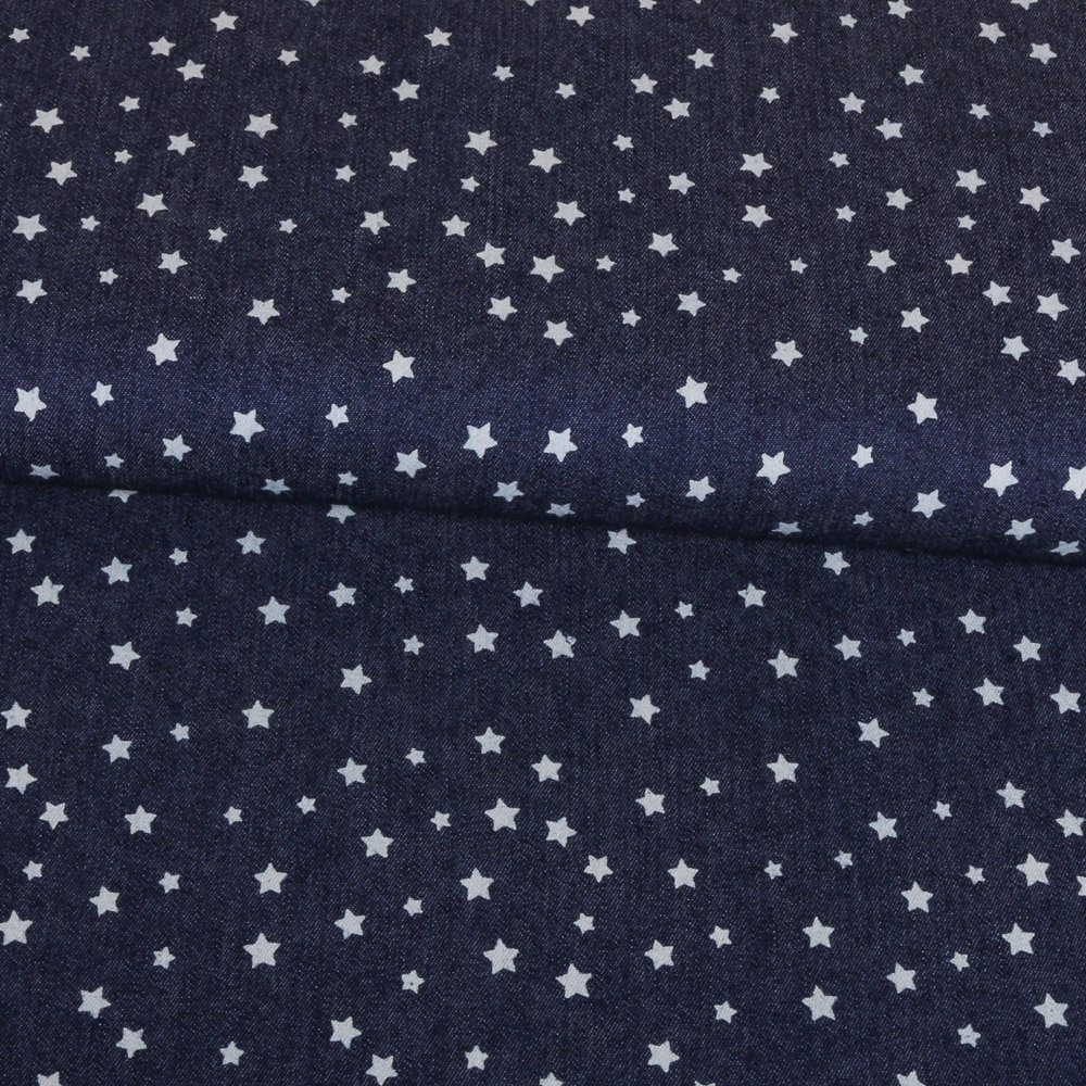 Tissu Chambray Bleu jean foncé Etoiles Blanches