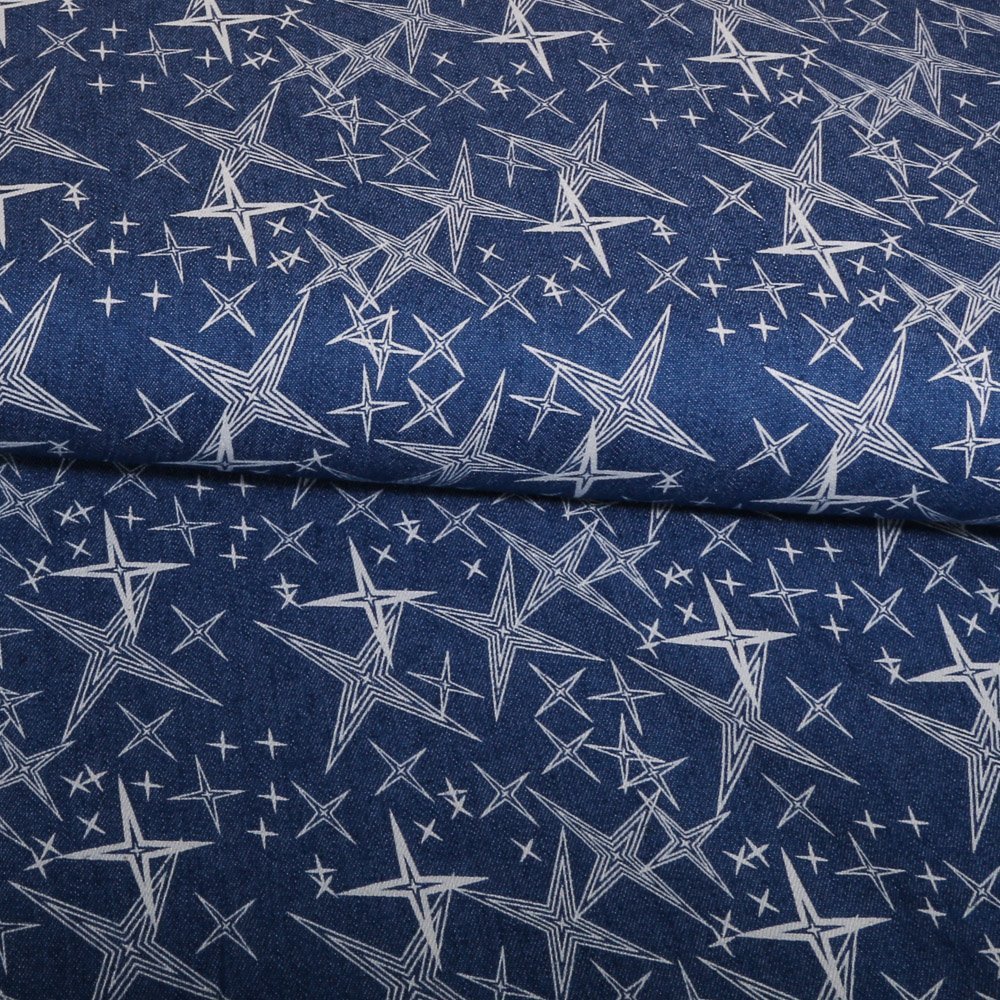 Tissu Chambray Bleu Jean Grosses étoiles Blanches